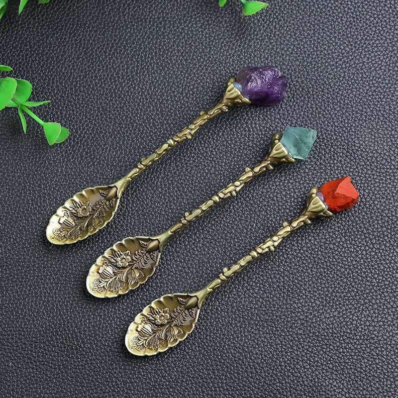 Natural Crystal Raw Stone Inlaid Spoon Retro Carved Mixing Tea Set Accessories Crystal Crafts Coffee Spoon Dessert Spoon Decor