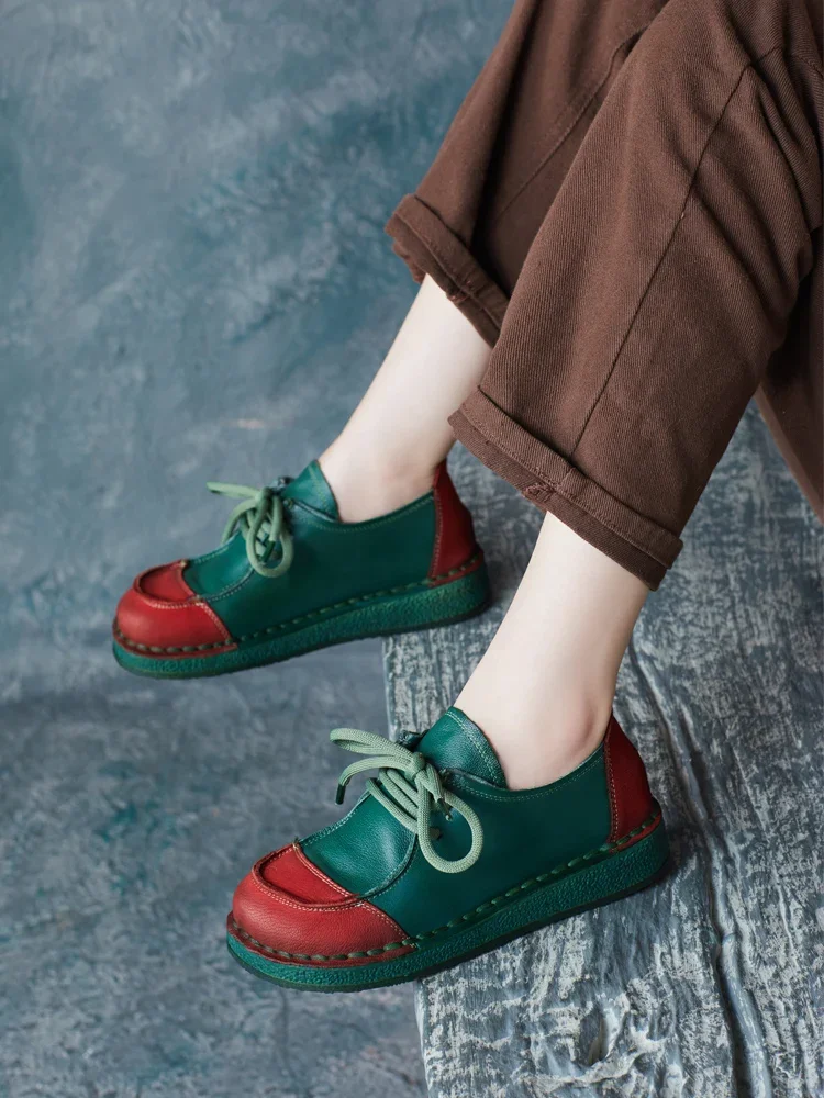 Women Leather Flats Autumn Shoes 2024 Handmade Genuine Leather Women Casual Leather Shoes Soft Heels Green