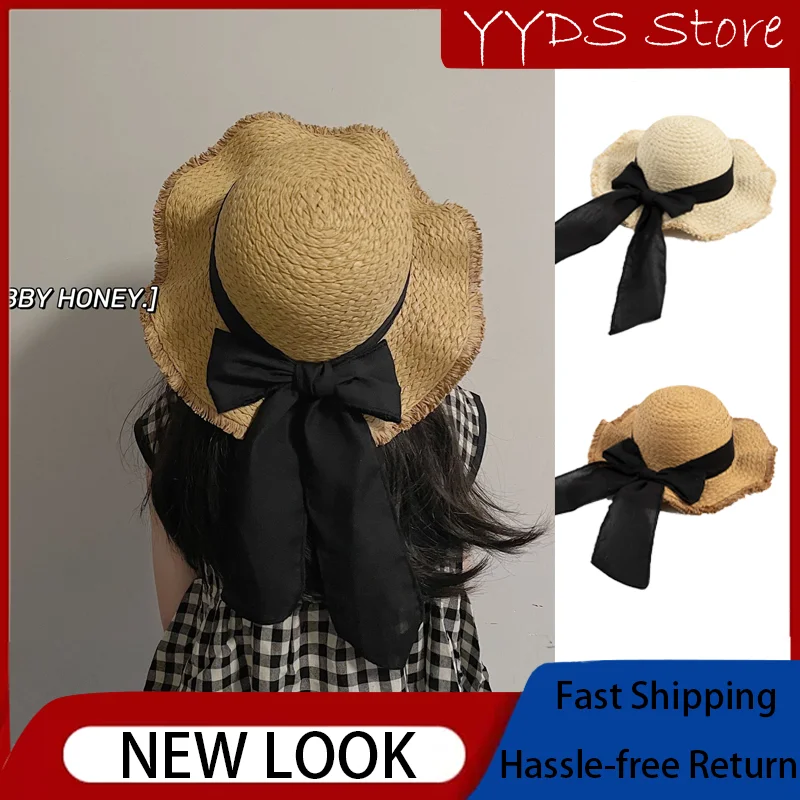 

Summer Kids Big Brim Straw Hat Frayed Round Top Japanese Bow Wavy Edge Sun Hat Baby Little Fresh Seaside Resort Sun Hat