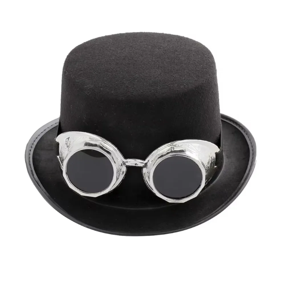 

Vintage Black Steampunk Men Hat Magician Hat Stage Performance Retro Gothic Hat With Eyeglasses Top Hats Cosplay Jazz Hat