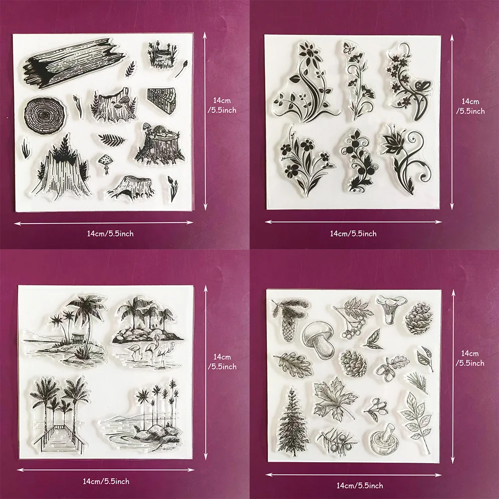 Baumstumpf, Blumen, Palme, Pilz Klarsichtstempel, Wald- und Blumenstempel, tropische Stempel für Kartenherstellung, Scrapbooking, DIY-Bastelarbeiten