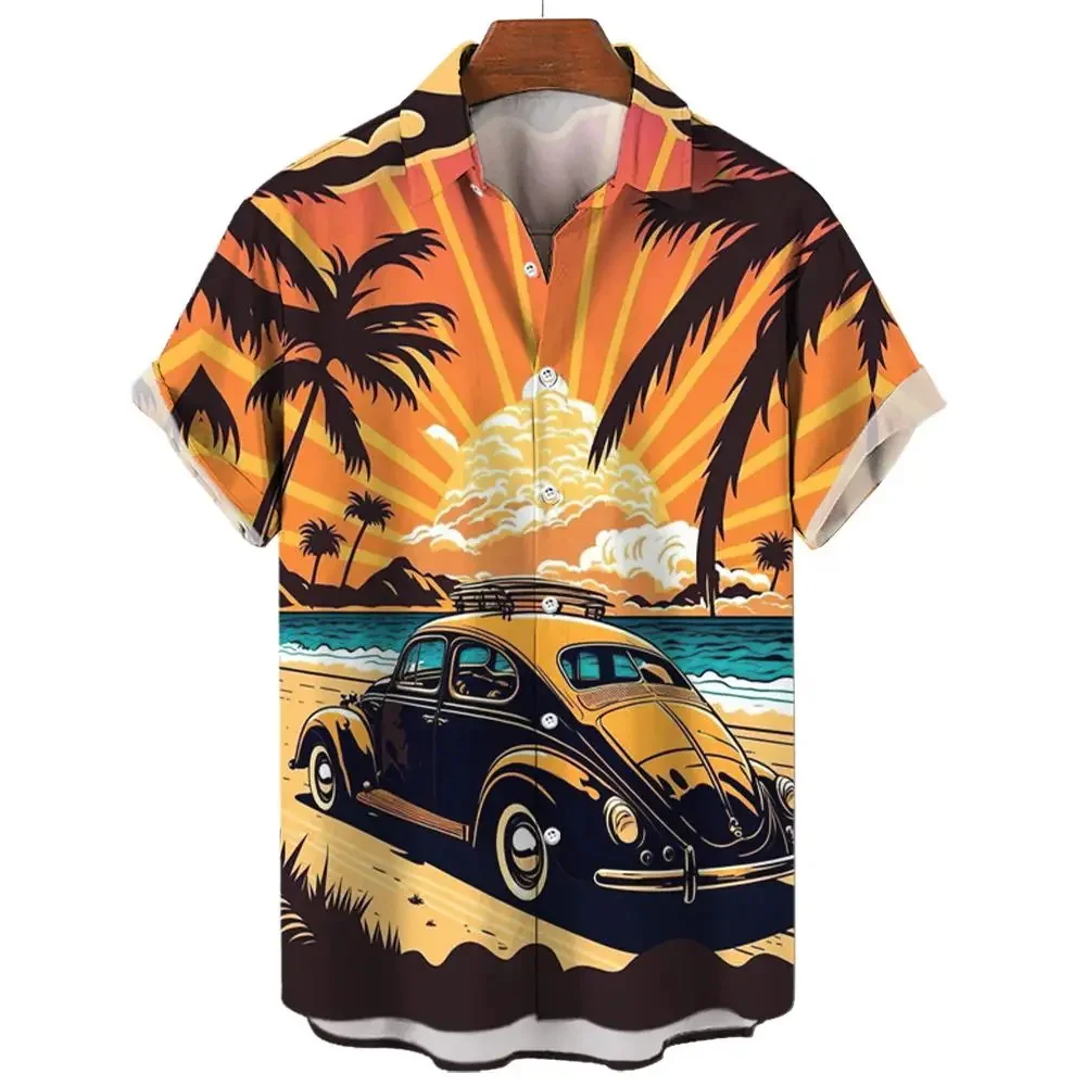 Vintage Men's Shirt For Men Short Sleeve Tops Beach and cars 3d Print Shirt Summer Sweatshirt Tees Designer Men's Clothing