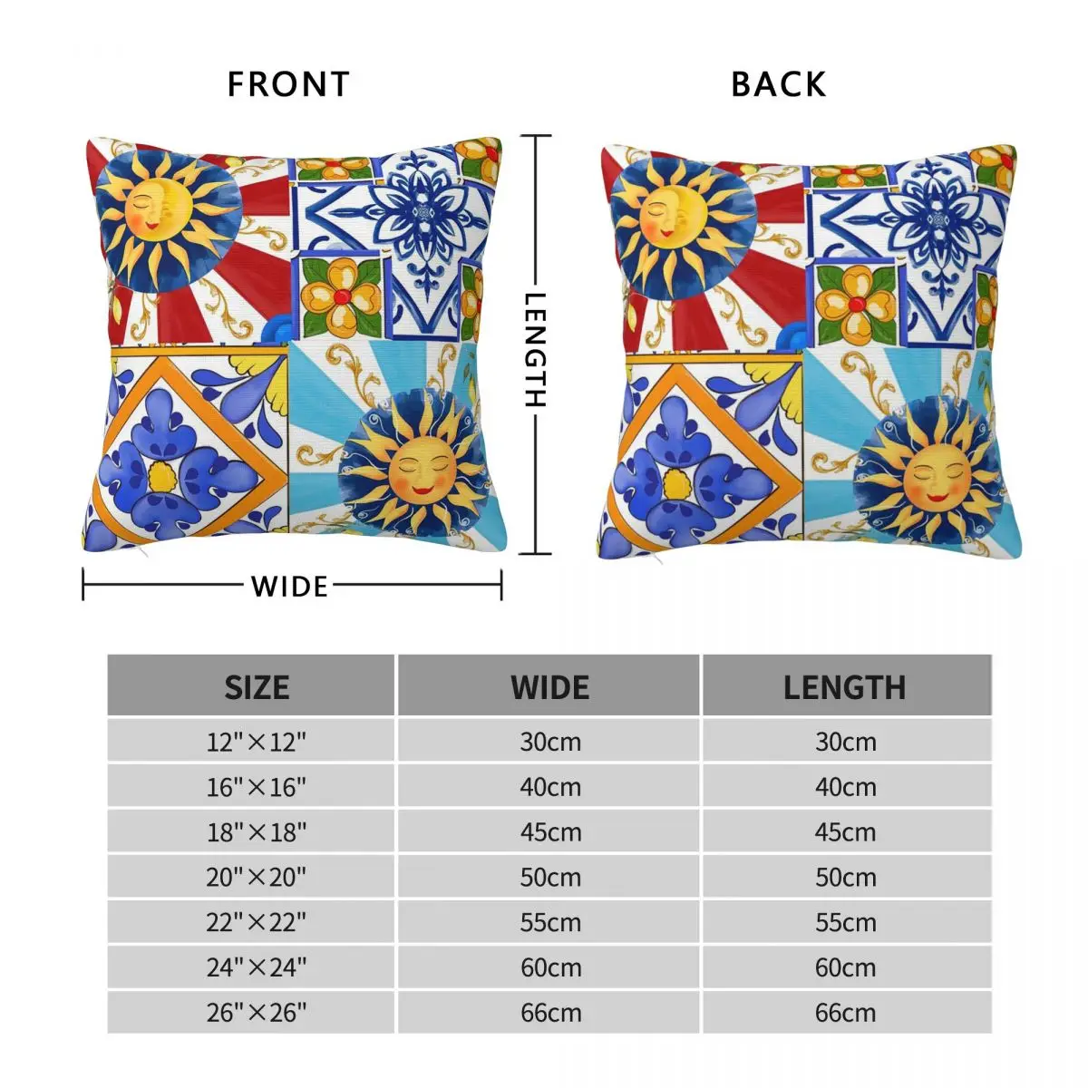 Sicilian Tiles,sun,half Moon,mediterranean Style,lemon Art Square Pillowcase Pillow Cover Comfort Throw Pillow for Home Car