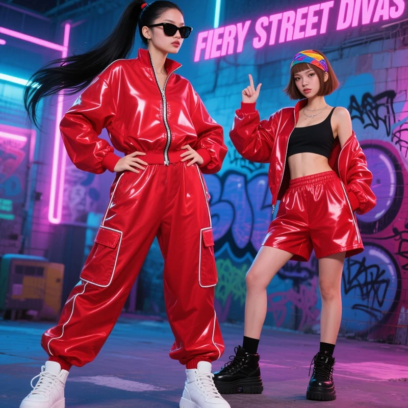 レッドレザージャズダンス衣装女性グループヒップホップ服子供ストリートウェアキッズステージ Kpop 衣装絶賛着用 XS9965