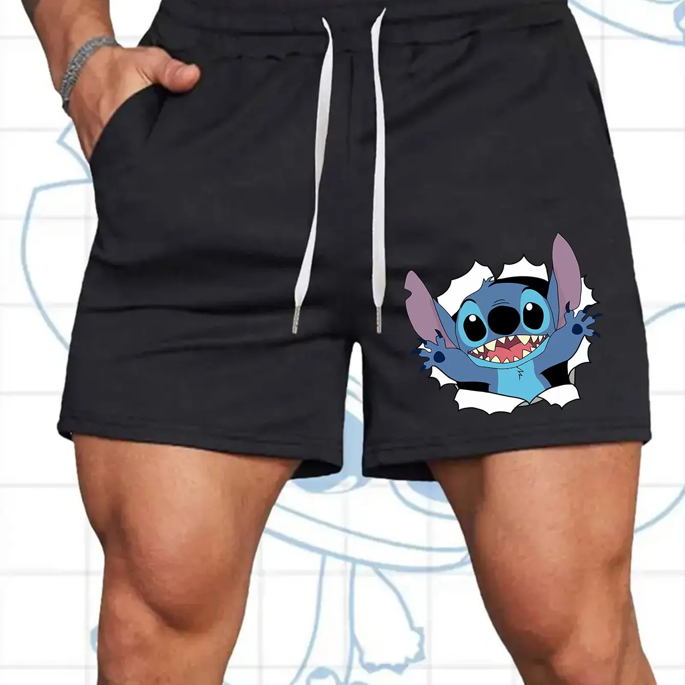

Summer Disney Stitch Men's Shorts Loose Unisex Version Elastic Waist with Drawstring Breathable Knitted Fabric Outdoor Sports