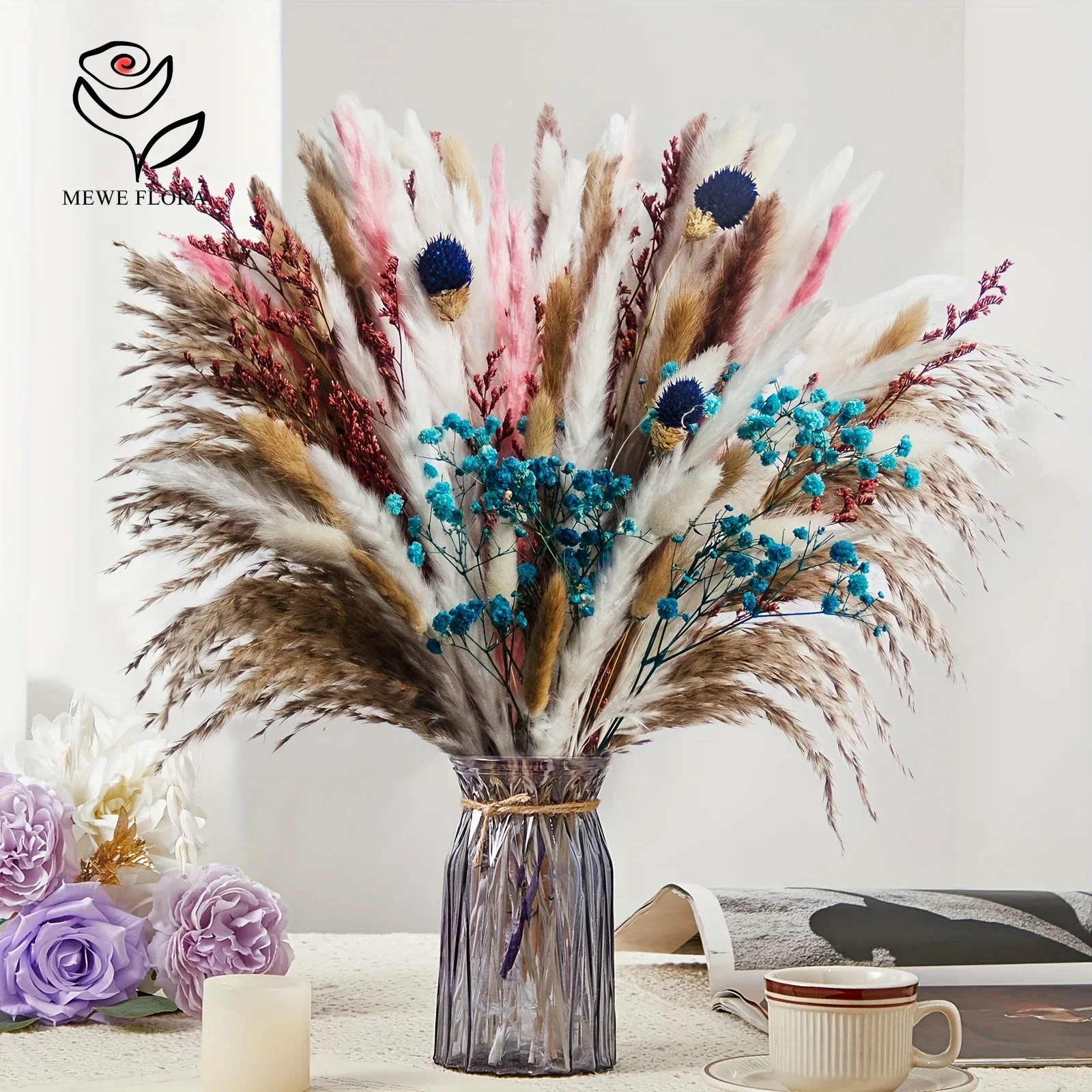 85Pcs Boho Chic Blue Pampas Grass Bouquet Natural Dried Flowers for Home Wedding Decor Valentine's Day Girlfriend Gift Bouquets