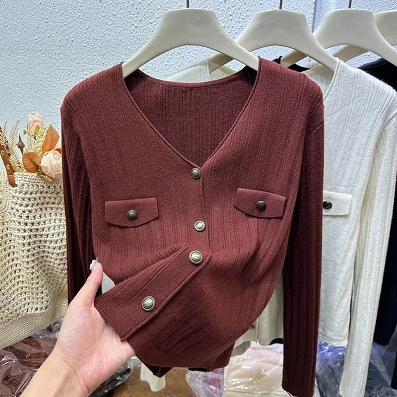 Oversized Autumn Winter New Simplicity Elegant Buttons Solid Color V-neck Long Sleeve Knitting Sweater Ladies Fashion Pullovers