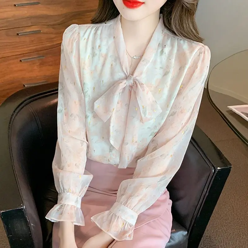 Autumn Women's Long Sleeve Bow Printing Flare Sleeve Versatile Bow Tie Up Chiffon Shirts Blouse Tops Ladies Fashion Top Q192