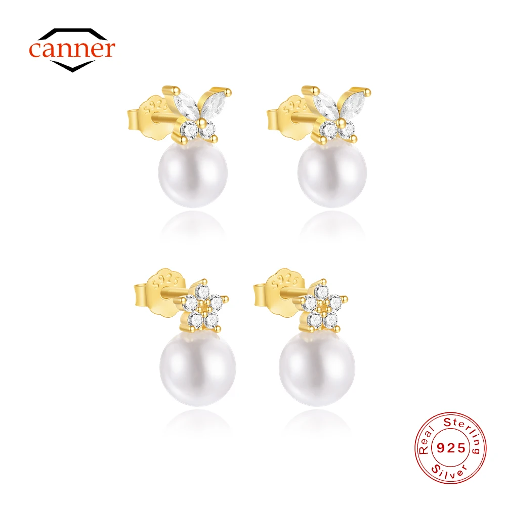 

CANNER French Style Pearl 925 Sterling Silver Butterfly Stud Earring Women Ins Flower Minimalism Earring Fine Jewelry Party Gift