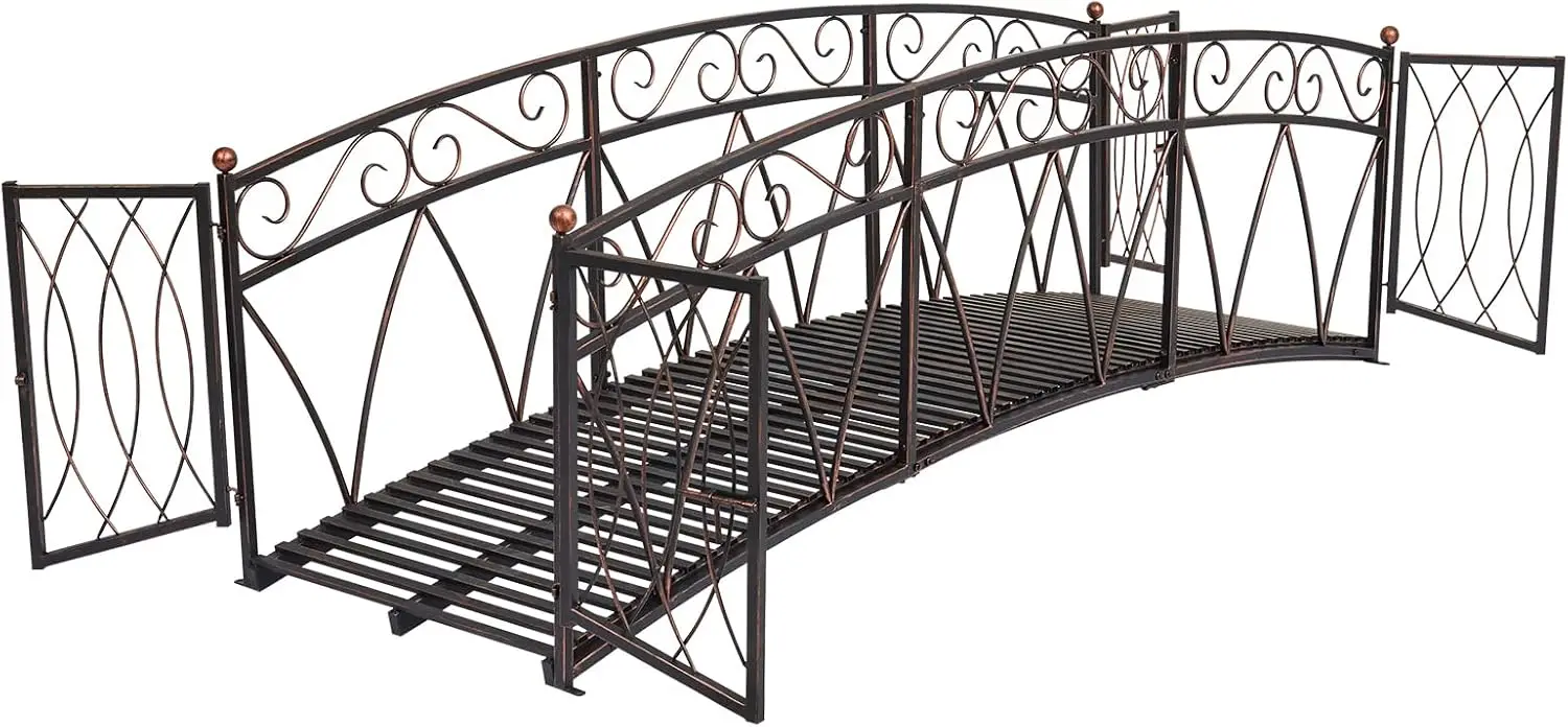 

Metal Garden Bridge - 8 Ft Garden Arch Bridges for Outdoors with Safety Side Rails ＆ Gate, Fenced Pond Bridge for Outdoor