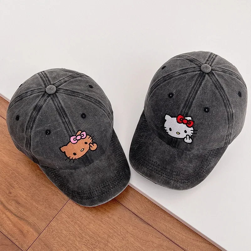 Sanrioed Hello Kittys Cartoon Embroidered Denim Baseball Cap Curved Brim Peaked Cap with Big Head Circumference and Small Face