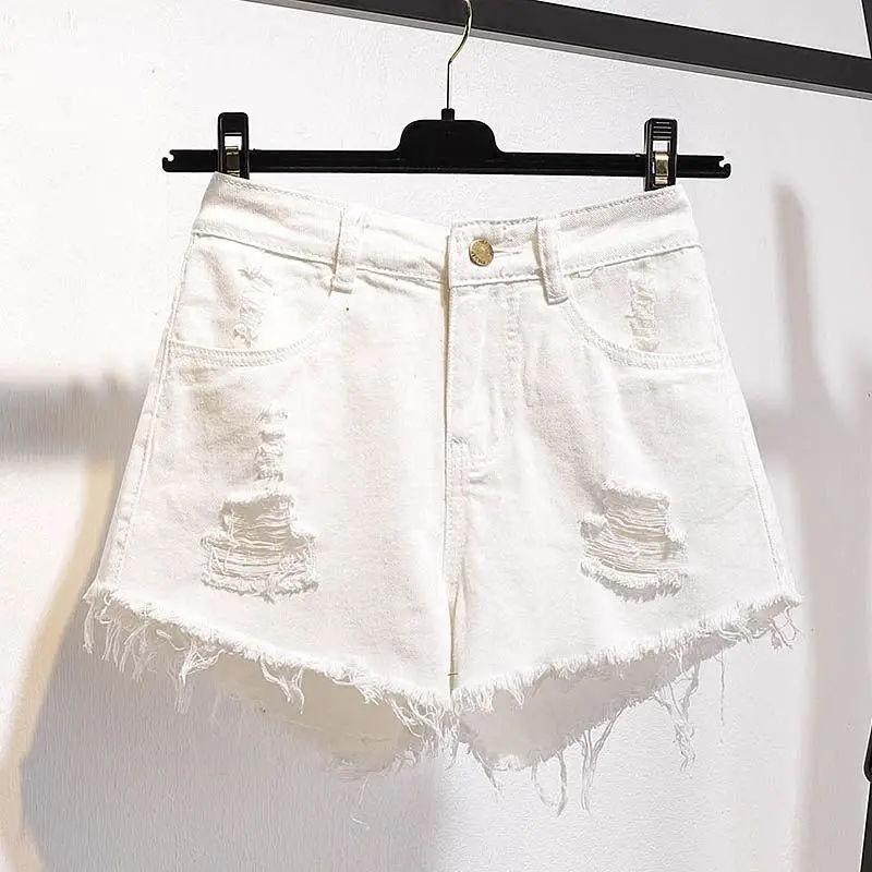 Large Size Denim With Ruffled Shorts Women\'s Summer High Waisted Loose Hole Wide Leg Student A-line Hot Pants Basic Short Jeans