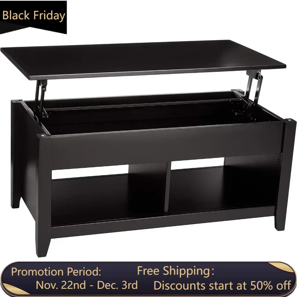 Elevating storage rectangular coffee table, black, 40 inches x 18 inches x 19 inches