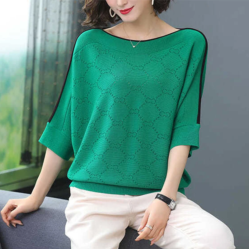 Women's Korean Fashion Contrast Color Hollow Elegant Knitwear Spring Autumn Casual Loose 3/4 Sleeve Pullover Tops Ropa De Mujer