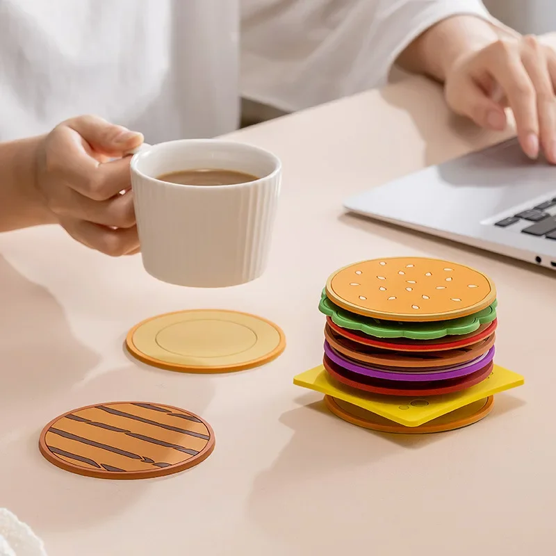 8pcs/set Burger Shape Coaster Creative Cup Pad Silicone Insulation Mat Mug Holder Kitchen Dining Bar Table Decorations Kids Gift