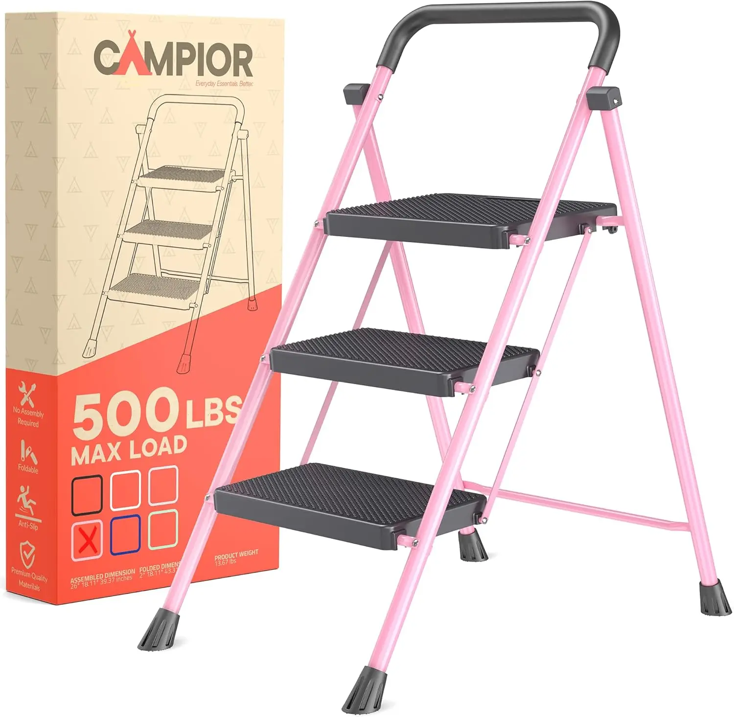 

Pink 3 Step Foldable Stool for Adults, 500 lbs Capacity, Anti-Slip Feet & Wide Steps, Sturdy Steel Frame