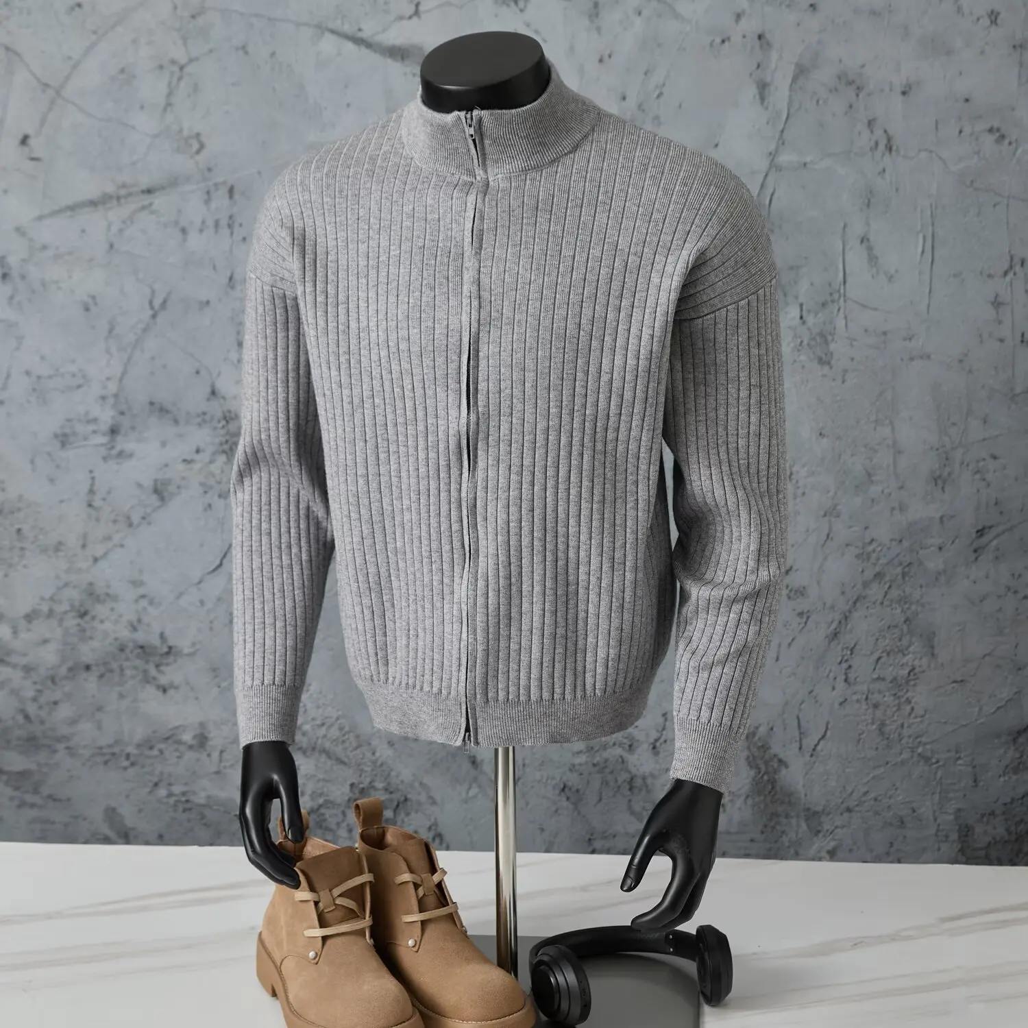 

Autumn Winter Large Size Men's Knitted Sweater Open Cardigan f High Collar Striped Base irt Loose Fit Casual Outerwear