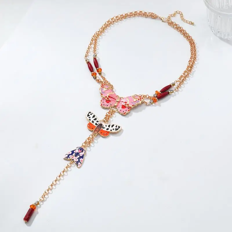 مبالغ فيها متعدد الطبقات سلاسل معدنية طويلة فراشة قلادة البوهيمي نمط المرأة موضة الصيف الشاطئ مجوهرات اكسسوارات