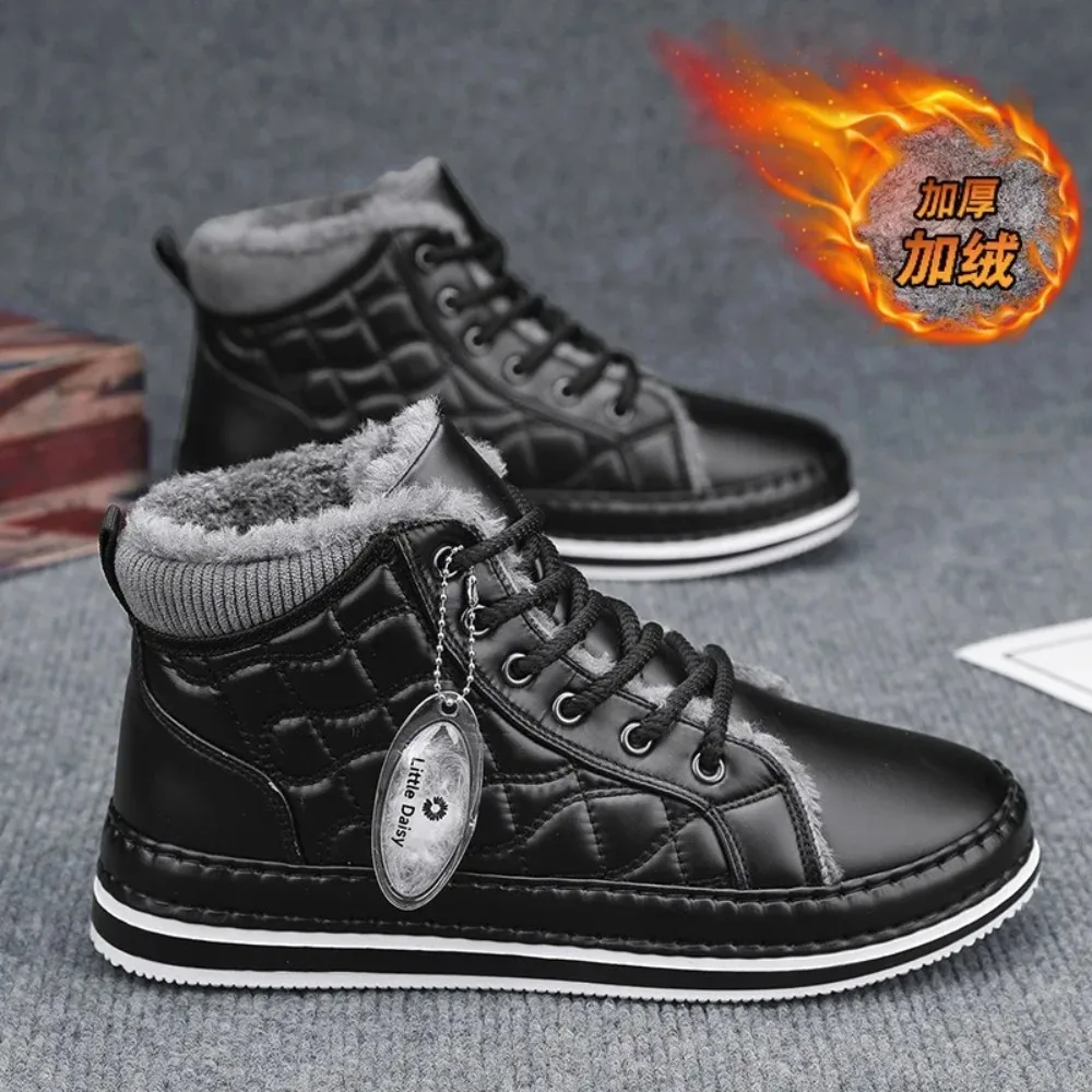 

Winter New Shoes for Men Fur Boots High Tops Leather Warm Plush Casual Shoes Outdoor Snow Boots