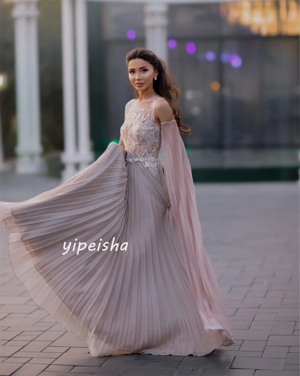 Customized Chiffon Sequined Flower Beading Ruched Prom A-line High Collar Bespoke Occasion Gown Long Dresses