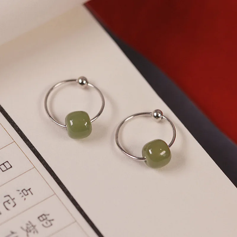 Elegant Vintage Jade Hoop Earrings For Women New 925 Silver Jewelry Lucky Bead Earring Lady Party Accessories