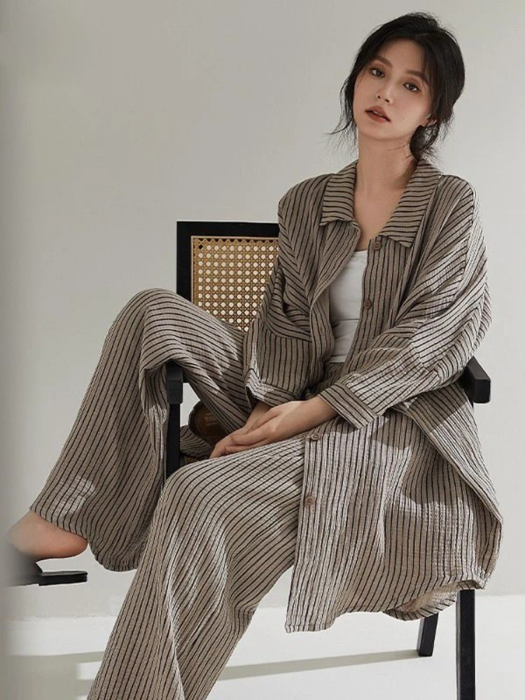 

2025 Women's Striped Pajama Set - Oversize Long Sleeve Shirt & Wide Leg Pants, Minimalist Lazy Japanese Loungewear Spring Autumn