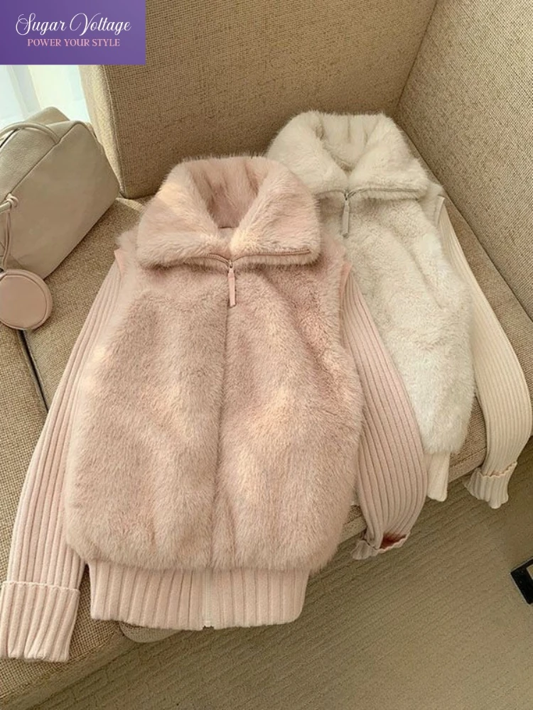 Français Chic élégant manches détachables fourrure haut en tricot femmes mince doux rose chaud gilet pull hiver mode confortable élégant vêtements d'extérieur