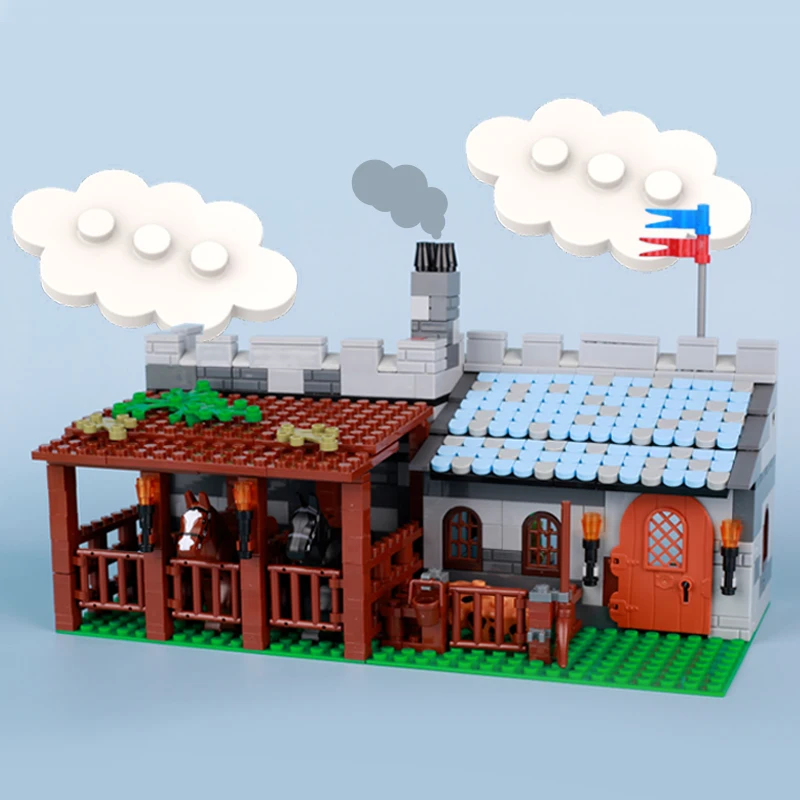 MOC-décennie s de construction de château militaire médiéval, figurines de chevaliers, armes de l'armée, vue sur la rue, cabine de maison, accessoires de briques stables, jouets