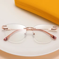 2024 New Vintage Cat Eye Glasses Frame Women Clear Lens Metal Blue Light Blocking Rimless Glasses Female Decoration Spectacles