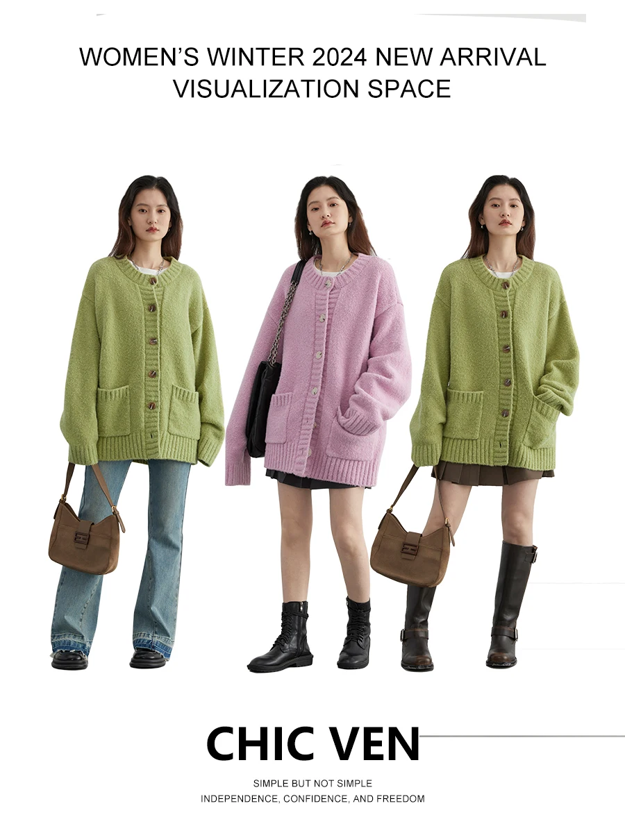 CHIC VEN Women Cardigan Solid New Loose O Neck Female Single Breasted Sweater Coat Knitted Jumpers Spring Autumn 2024