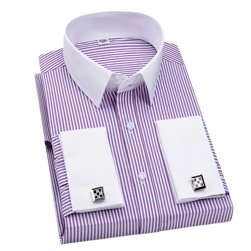 2026 Men's Long-sleeved Shirt Men's High-grade  Double Folded Sleeve Windsor Collar Retro Business Dress French Cufflinks