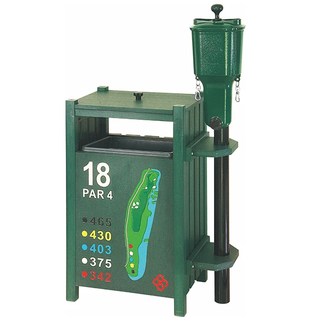 

Recycled plastic ball gasket composite material with waste container wood effect, suitable for golf course driving range.