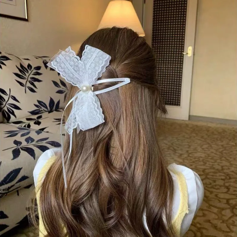 

Ethereal Tulle Bow Pearl Girl Hair Clip Back Half-Up Side Barrette for Women Butterfly Bang Clip Romantic Hair Accessories
