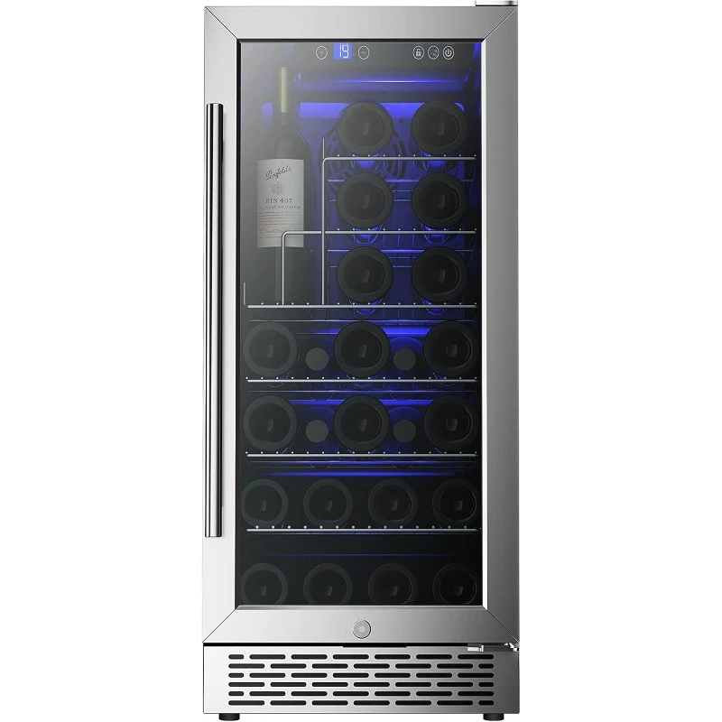 15“ Undercounter Mini Fridge Freestanding Beverage Cooler Refrigerator 32 Bottles Stainless Steel Double Smoked Glass Door Smart