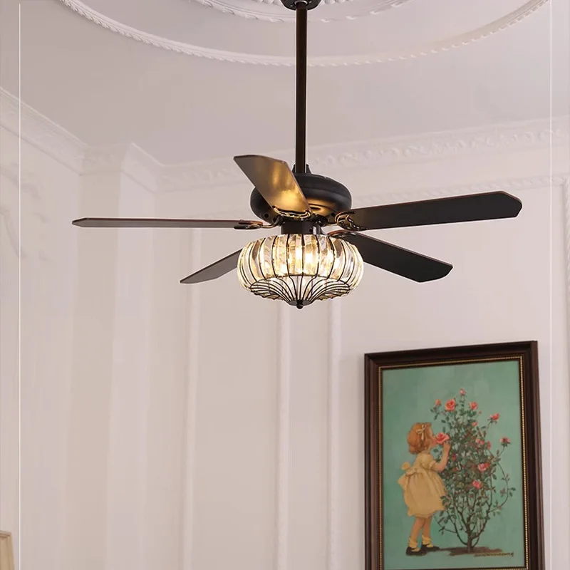 New Chinese style wood leaf ceiling fan light living room dining room frequency conversion household