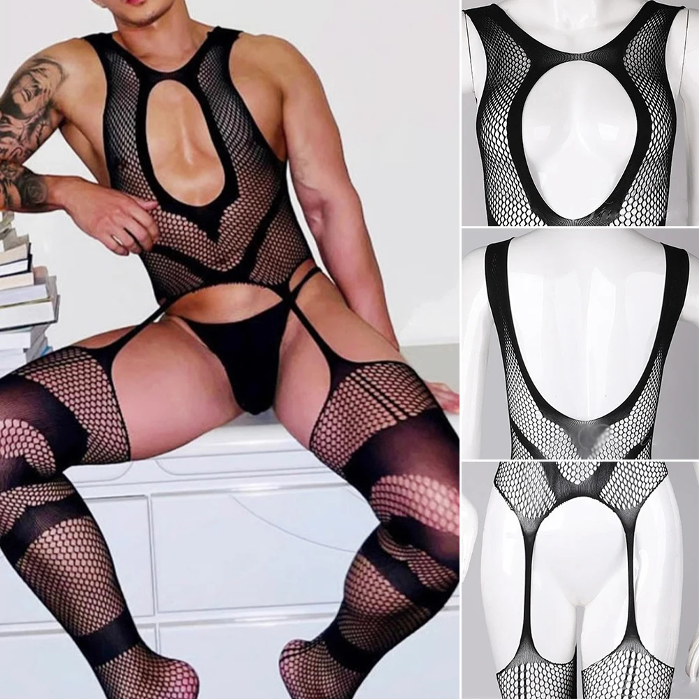 

Mens Hot Lingerie Perspective Stockings Mesh Fishnet Open Crotch Sexy Full Bodystockings Underwear Black Color
