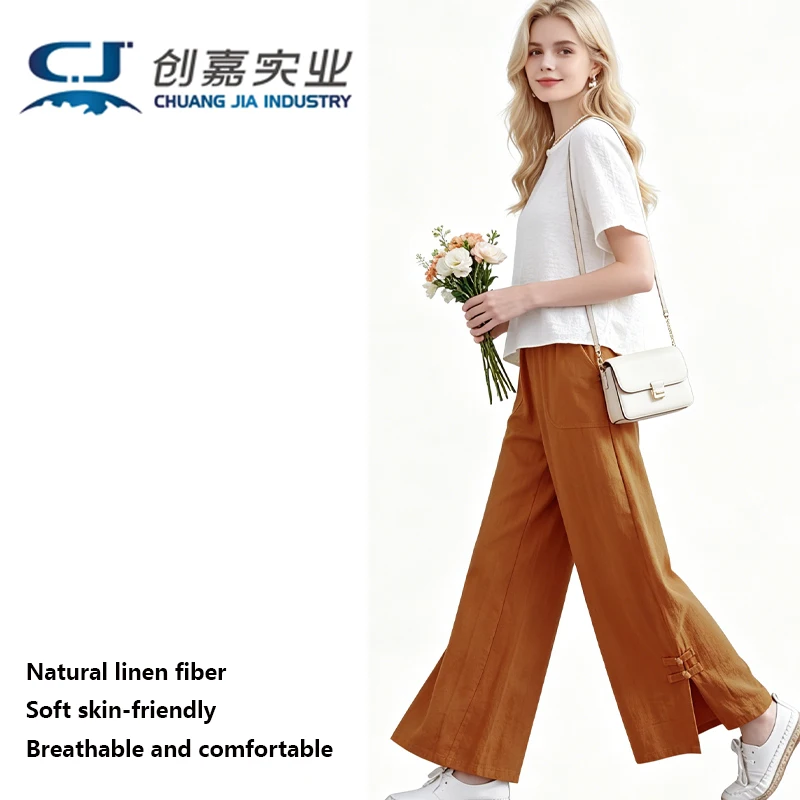 Linen Spring Summer Lady Straight Trousers Cotton Hemp Wide Leg Pants Elastic Waist Disc Buckle Open Zen Tea Suit Casual Pants