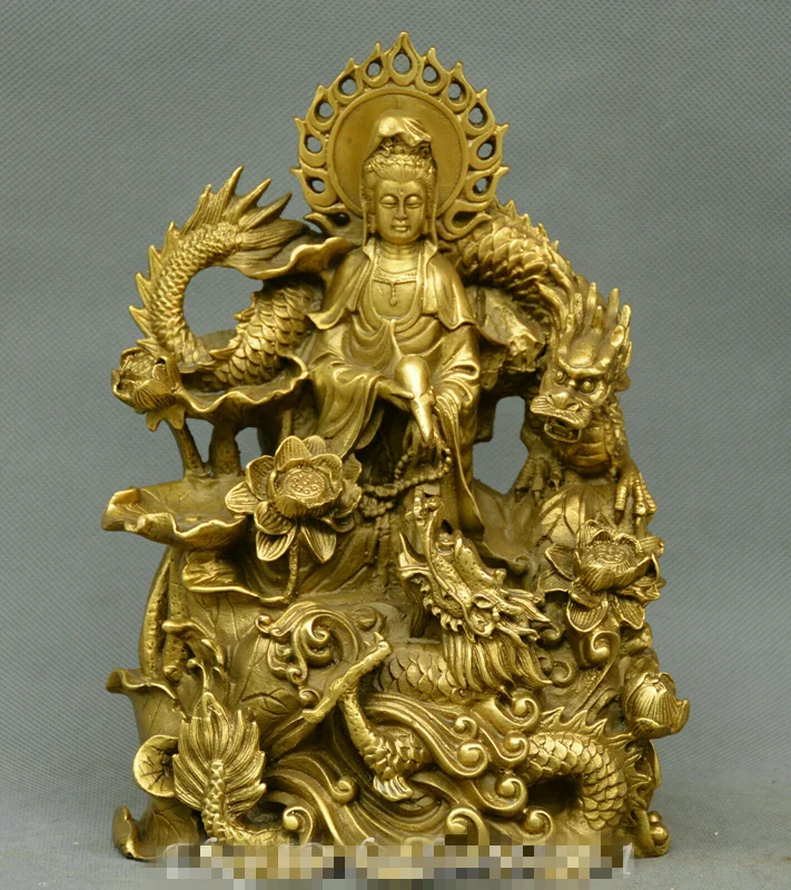 China Buddhism old Bronze Station dragon Guanyin Kwan-yin Avalokitesvara statue