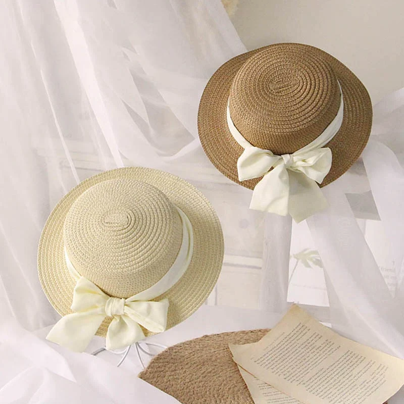 Fashion Bow Kids Straw Sun Hats Kids Girls Summer Beach Hats 50-52-54cm Children Flat Visor Caps Sun Protection