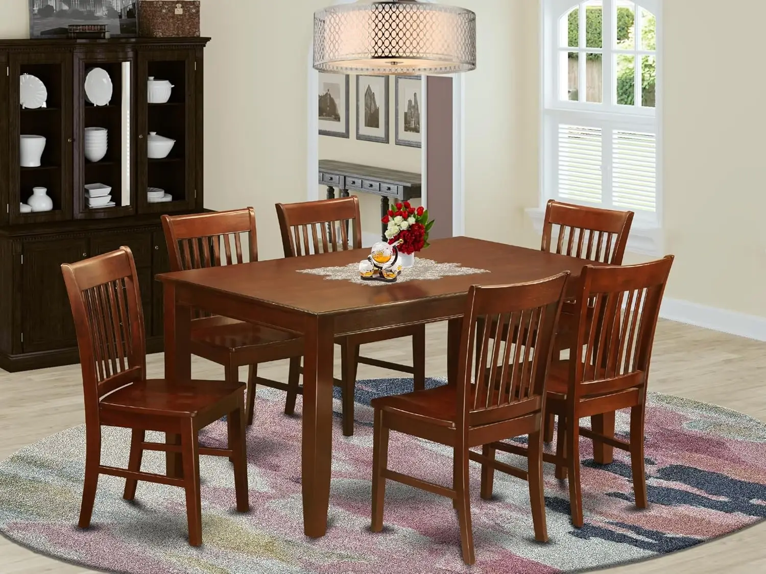 7 Piece Dining Set Consist of a Rectangle Solid Wood Table and 6 Kitchen Room Chairs, 36x60 Inch, Mahogany