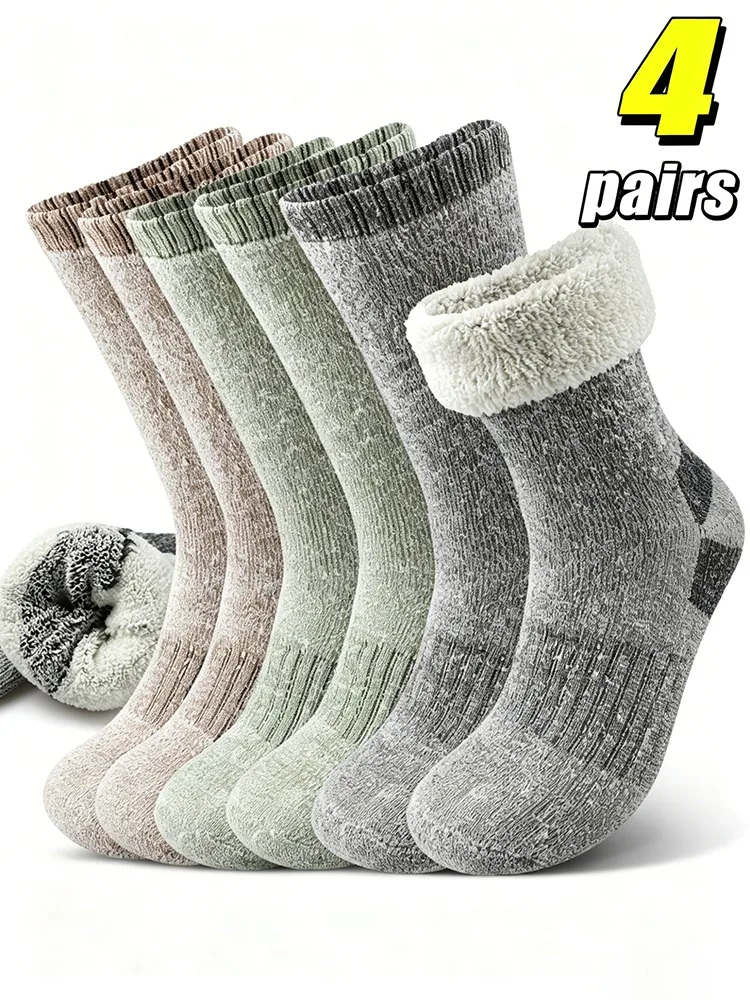 

4Pairs Men Super Thick Fleece Lined Thermal Winter Socks Knit Warm Snow Boots Sock Cold Resistant Ski Hiking Sleeping Floor Sock