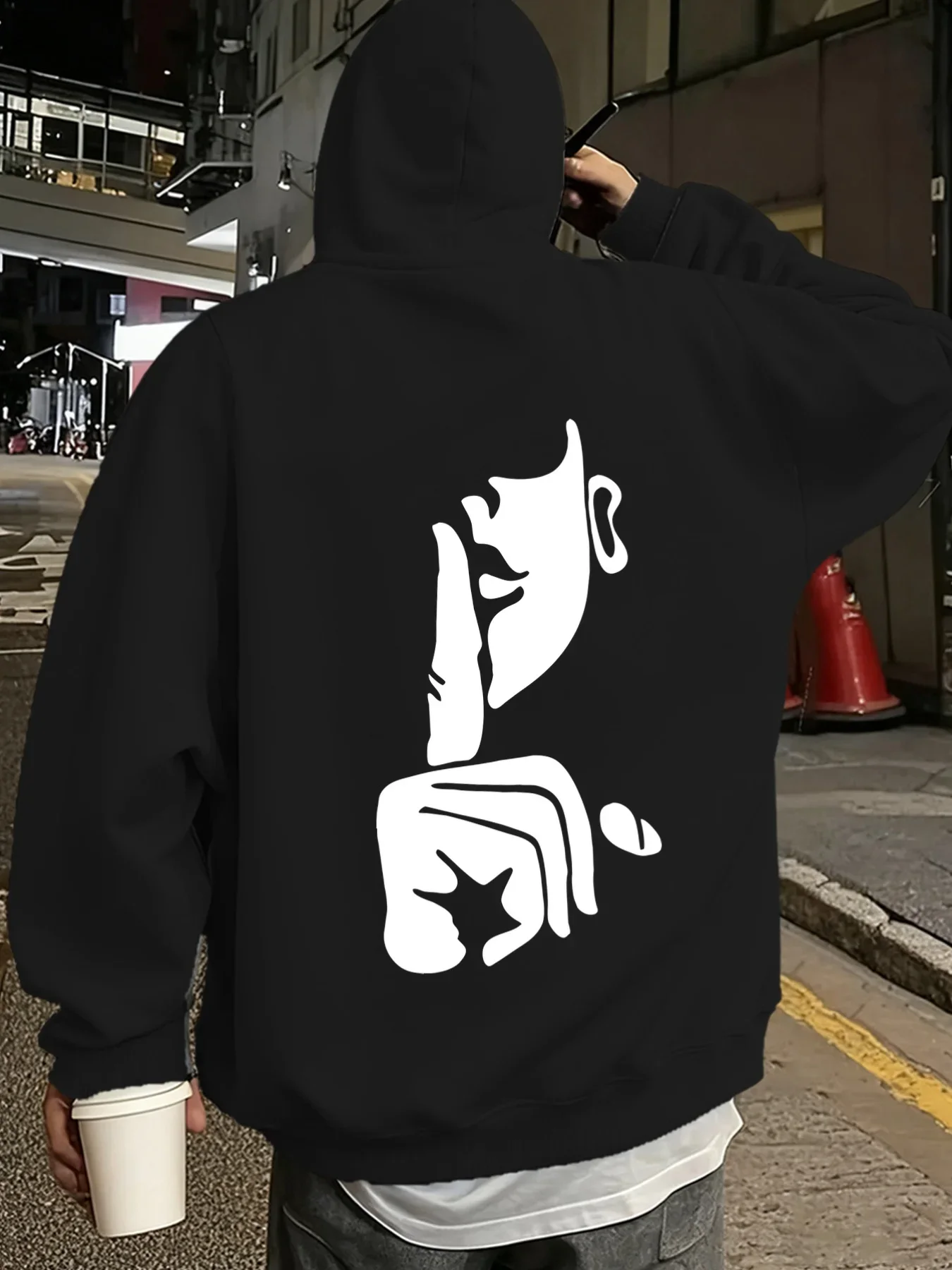 Men's Blue Hooded Sweatshirt with White Kanji-Inspired Logo Print - CasualStreetwear Pullover Machine Washable for Urban Fashion