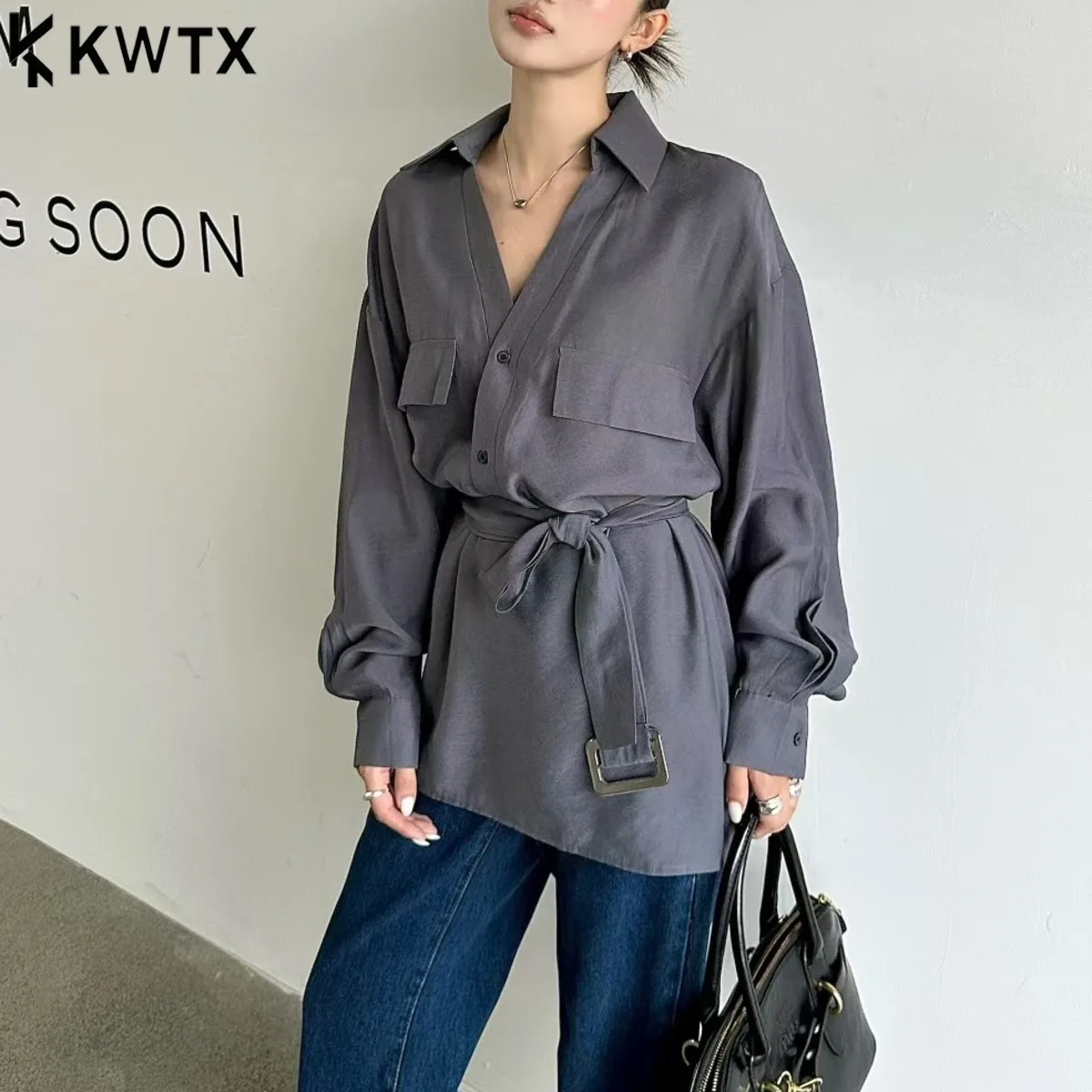 

KWTX Women’s Casual Long Sleeve Belted Shirt Top Solid Color Spring Summer Elegant Slim Comfortable Light Luxury High Quality