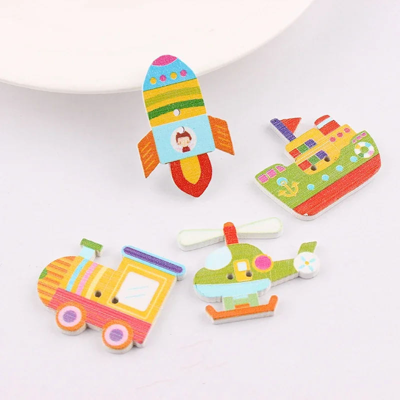 Colorful Cartoon Car and Airplane Transportation Wooden Handicraft Buttons, Handmade DIY Sewing Button Accessories, 50 Pieces