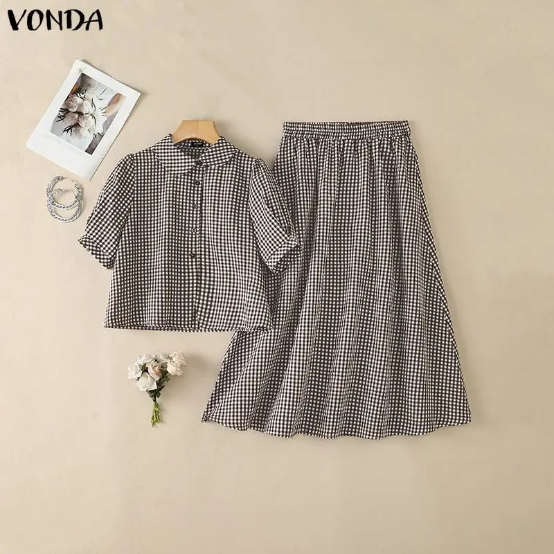

VONDA Vintage Plaid Dresses Sets Women Doll Collar Puff Short Sleeve Top And Skirt Twopiece Elegant Outfits Casual Matching Sets