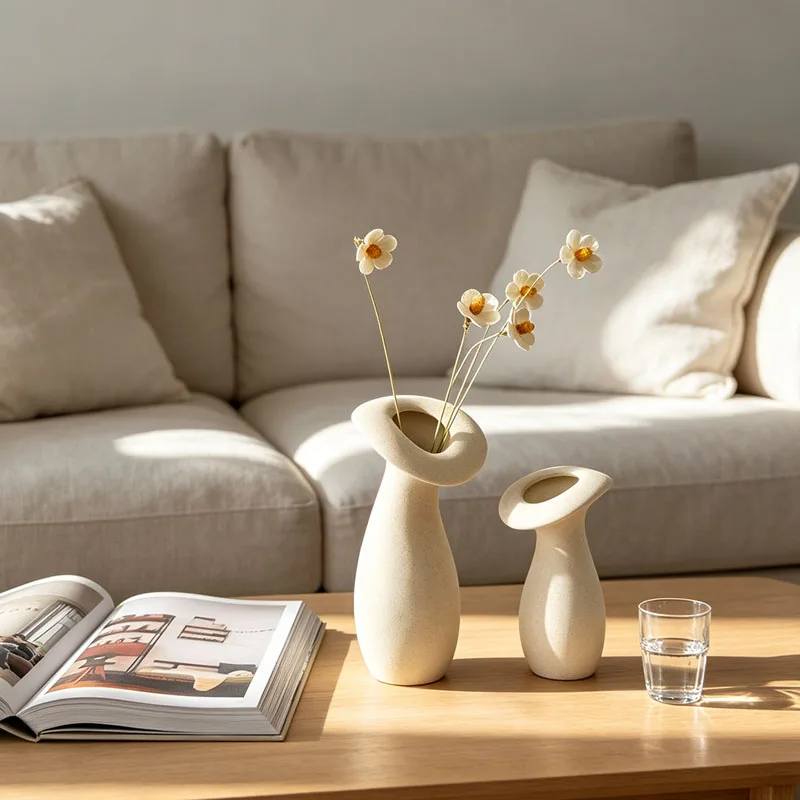 Nordic Matte Beige Ceramic Vase Ornament Living Room Dining Table Office Desktop Flower Arrangement Container Wedding Decoration