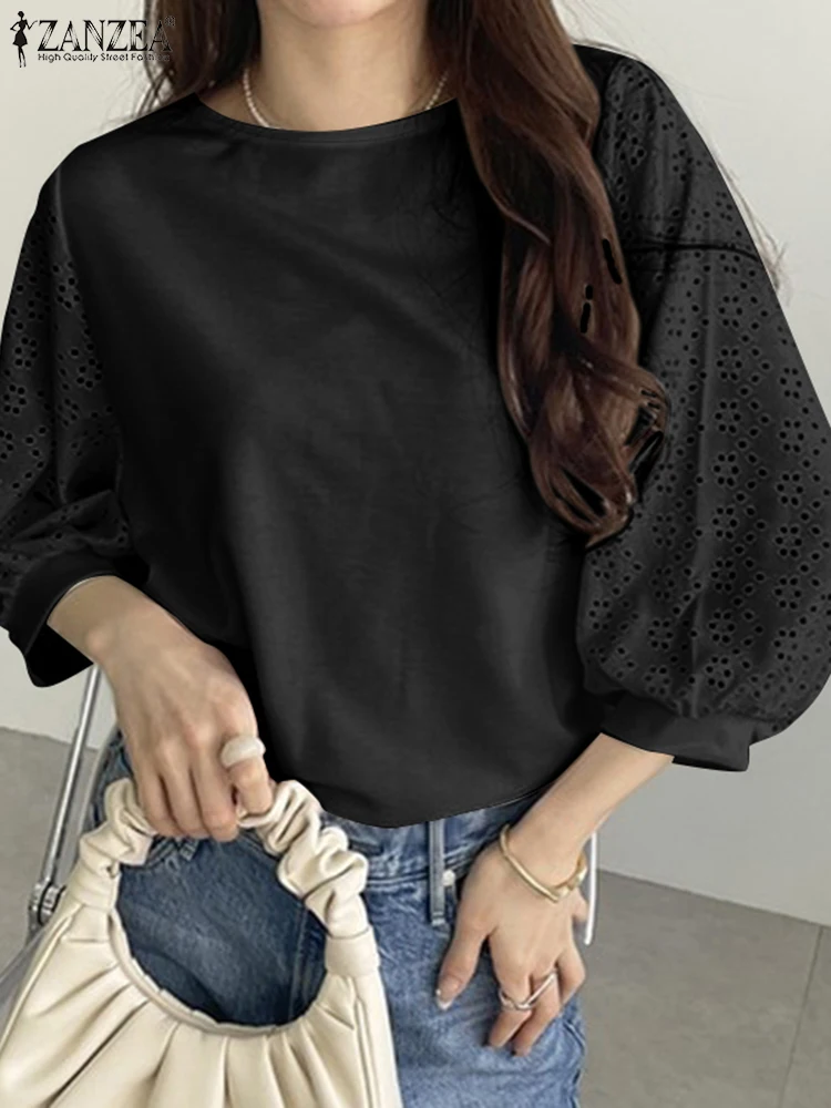 Damska elegancka koronkowa patchworkowa bluzka ZANZEA wiosenna latarnia rękaw koszula do pracy moda Casual wakacyjne topy tunika Femme luźne Blusas