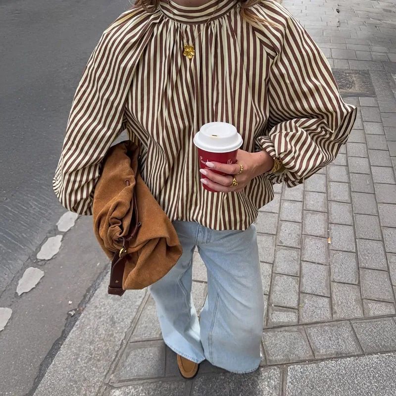 Women Mock Neck Striped Blouse Long Lantern Sleeve Gathered Cuff Loose Casual Work Shirt