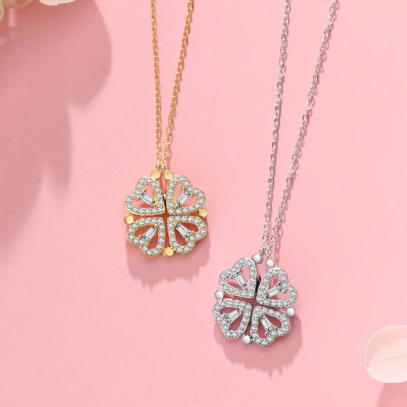1pc Heart Shaped Four Leaf Clover Pendant Necklace Jewelry Zircon Women Love Clavicle Chain Gifts Openable ChokerJewelry
