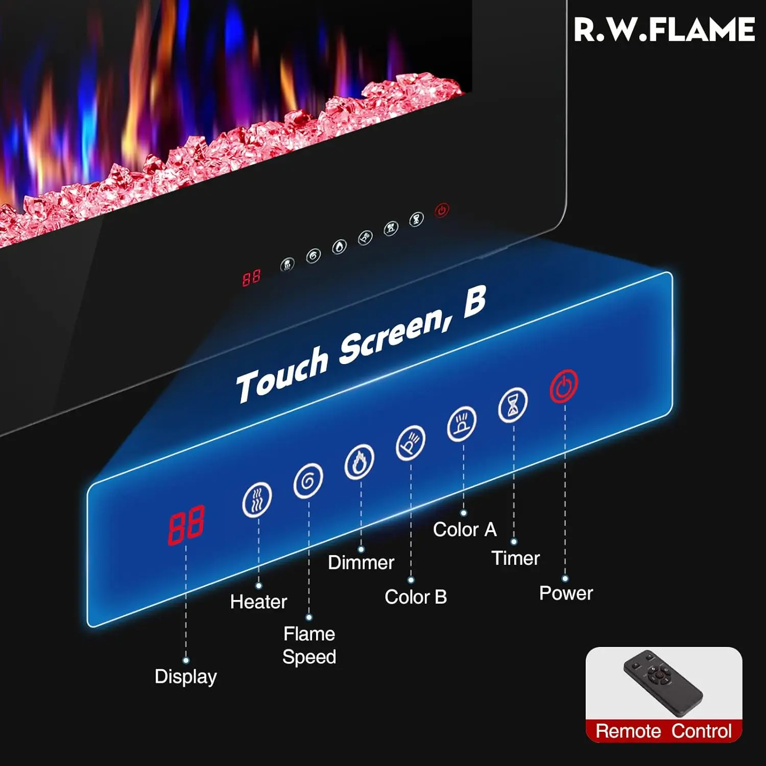 Chimenea empotrada y montada en la pared, poco ruido, Control remoto con temporizador, pantalla táctil, velocidad de colores de llama ajustable, 50 pulgadas